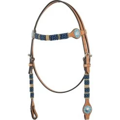 Western Rawhide Turquoise Beads Browband Headstall - Golden Tan